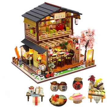 DIY Miniature Dukkehus Kit Vintage 3D-Model af Japansk Sushi Restaurant, Fødselsdag, Gave, Træ-Stort dukkehus Møbler
