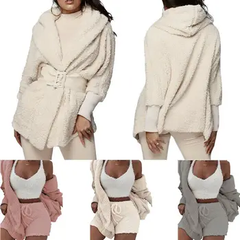 Kvinder Bløde Bløde Pyjamas Sæt Fleece langærmet Nattøj Plys Hooded Coat+Shorts Sæt Behageligt Nattøj Sæt 2STK Ingen Camis