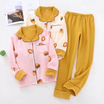 2020 Spring Nye Damer Pyjamas Sæt Søde Jordbær Trykt Kvinder Turn-Down Krave Nattøj Komfort Et Stykke Gaze, Bomuld Løs Homewear