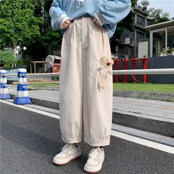 Beskåret bukser kvindelige sød bjørn wide-ben bukser efteråret college stil Japanske løs alle-match elastisk lige beskåret bukser kvinder