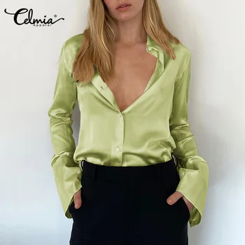 Celmia Office-Shirt Kvinder, Mode Bluser Med Lange Ærmer Foråret Solid Farve Revers Shirts Plus Size Løs Casual Blusas Satin Toppe