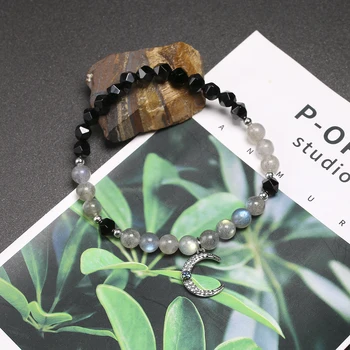 Meditation Naturlig Labradorit Kobber Moon Armbånd Til Kvinder, 6mm Facetslebet Obsidian Armbånd Romantisk Gave