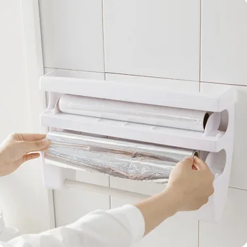 Køkken 3-lag plastfolie Cutter Dispensere Wall-Mount husholdningsfilm Frisk holde Taske Aluminium Folie Papir Håndklæde lagerreoler