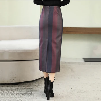 Mode til Kvinder Stribet Print Elegant Nederdel, Efterår og Vinter Høj Talje Vintage Split Lang Uld Skirt2020 Nye Ankomst