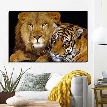 Moderne Dyr Kunst Plakater og Prints Væg Kunst, Lærred Maleri Løve og Tiger Billede til stuen Hjem Dekoration Uden Ramme