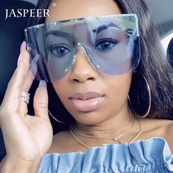 JASPEER Punk Overdimensionerede Solbriller Kvinder Mænd Et Stykke Stjernede Stud Uindfattede Solen Glas Luksus Brand Designer UV400 Mirror Linse