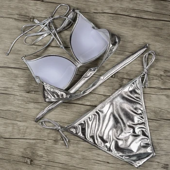 2020 Nye Sølv Metallic Badedragt Push Up Bikini Paillet Vandtæt Micro Bikini Sæt Badetøj Sexet Badedragt String Bikinier