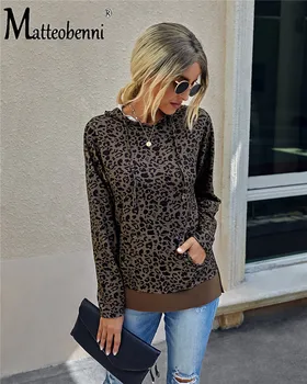 Damer Mode Leopard Print Uregelmæssige Hættetrøje til Kvinder Pullover med Lange Ærmer Lomme Hoodie Sweatshirt Efteråret Sports Top 2020 Ny