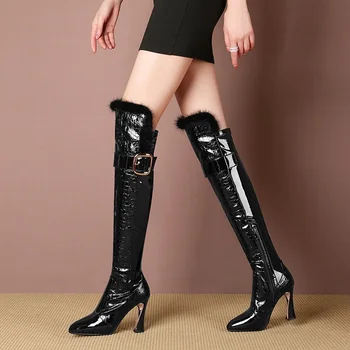 Ny mode af høj kvalitet kvinder støvler sexet, tyk høje hæle spids tå sort sko kvinde over knæhøje støvler stor størrelse 34-41
