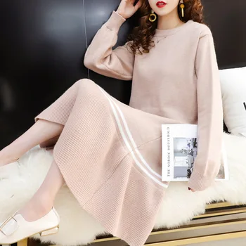 #1006 Foråret 2020 Lang Sweater Dress Kvinder Pullover O Neck Langærmet Koreanske Strikkede Kjoler Kvinder Casual Midi Kjole Løs