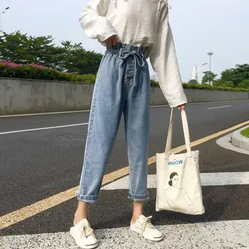 Jeans Kvinder Harem Denim Enkle Høj Plisserede Talje Knapper Studerende Ankel-længde Alle-match Løs 3XL Plus Size Mode Harajuku