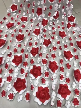 Red Allover 3D blomster Pynt franske blonder dejlige Afrikanske blonder, tyl stof med masser af perler, 5 m høj kvalitet FJ22471