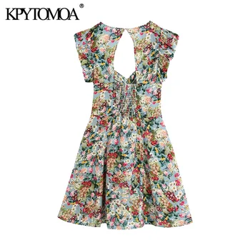 KPYTOMOA Kvinder 2020 Chic Mode Blomster Print Pjusket Mini Kjole Samlet V-Hals Tilbage Elastisk Kvindelige Kjoler Vestidos Mujer