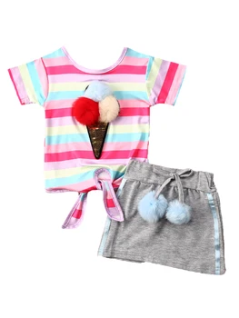 Toddler Baby Pige Kids Sommer Tøj Plys bold, T-shirt, Top, Nederdel Outfit Sæt 2020