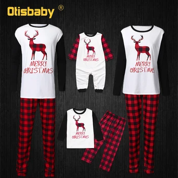 2020 Elk Print Plaid Jul Pyjamas Familie Matchende Tøj familie ser Pyjamas Baby, Far Mor og Datter Matchende Tøj