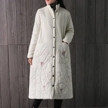 2018 kvindelige vinter outwear design lange frakke Nye Vintage jaquardvævet bomuld polstret tøj, tykke overfrakke med blomster