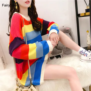 FairyShely Rainbow Sweater kvinder med Lange ærmer streetwear damer outwear jumper pels Casual kvindelige Piger vinteren Pullover sweater