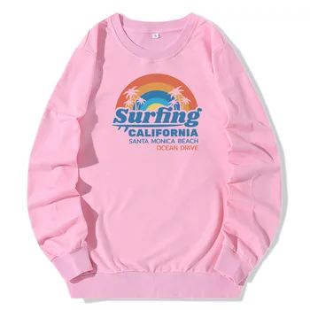 Overdimensionerede Hættetrøjer Kvinder Surfing Brev Print Hoodie med Lange Ærmer O-NECK Sweatshirt Trøjer Kvinder Hoody Pink Casual Tøj