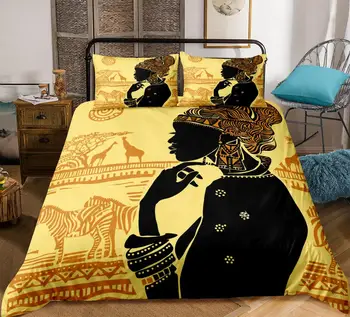 Afrikanske Strøelse Sæt King Mennesker Kvinde Duvet Cover Sæt Hjem Tekstiler Gul Baggrund, Sengetøj, 3-Delt