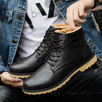 New Quality PU Men Winter Leather Boots Fashion Short Plush Waterproof Ankle Bootie Male High-tops Shoes Martins Boots Promotion