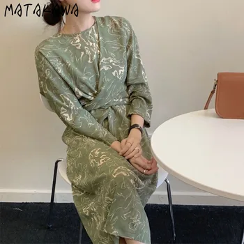 MATAKAWA Retro Elegant Temperament, Damer Kjole fransk Kunst Inkjet Mønster Blonder Midi Kjoler til Kvinder