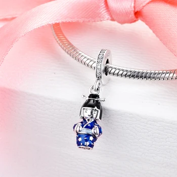 Passer Til Armbånd, Halskæder Blå Japansk Dukke Perler 925 Sterling-Sølv-Smykker-Charms-Gratis Fragt