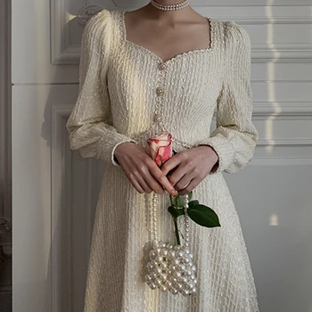 Fransk Rød langærmet Fariy Kjole Vintage Perlebesat Kvinder, Design Midi Kjole Nye Vinter Ét-styk Kjole Lady Bryllup Fest Tøj