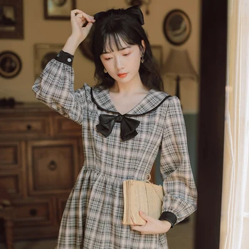 Japansk mori girl lang stil ternet kjole kvinde over knæet plaid dukke krave kjoler efteråret retro kleid