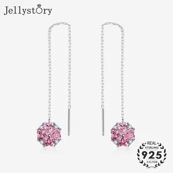 Jellystory koreansk Stil 925 Sølv Smykker, Øreringe Cherry Blossom Formet Zircon Sten Lange Dråbe Øreringe til Kvinder Gaver