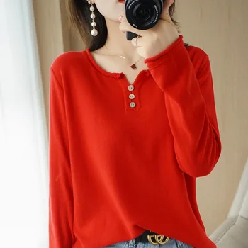 LHZSYY 2020 Bomuld line strik langærmet ladies V-neck Ren Bomuld Sweater plus size koreanske Base shirt Efteråret pullover top