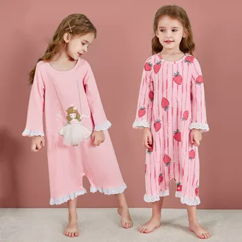 Piger natkjole Bomuld nattøj Lange ærmer Sove buksedragt Foråret Efteråret Søde Prinsesse Pyjamas Store piger nightgowns 3 til 14y
