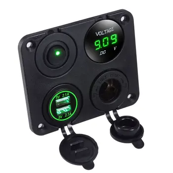 USB Oplader 2.1 A & 2.1 En Grøn Voltmeter, Stikkontakt, Tænd / SLUK-knappen Fire Funktioner Panel til Bil, Båd Marine RV Lastbil Køretøjer