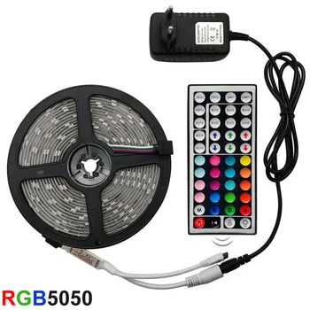 LED Strip RGB 5050 SMD 2835 Fleksibel led lysbånd RGB-5M-10M 15M Tape Diode DC 12V+ Fjernbetjening +Adapter Non-vandtæt