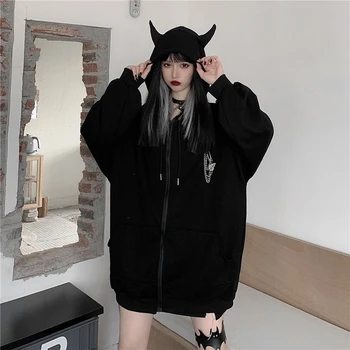 Efteråret Cardigan Kvinder Gotiske Harajuku Langærmet Top-Solid Sort Djævel Med Horn, Sweatshirt Trøjer Casual Streetwear Tøj