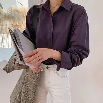 Koreanske Kvinder Casual Plus Størrelse 4XL Shirts Single-Breasted Turn-Down Krave Kvindelige Shirt Foråret Solid Løs Kontor Dame Toppe