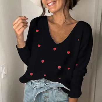 Kvinder Trøjer Valentine ' s Day Hjertet Trykt Pullover med Lange Ærmer V-hals Sweater Toppe Свитера Женские 2020