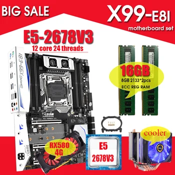X99 E8I LGA 2011-3 Bundkort Sæt Med E5 2678V3 Og 2stk x 8GB = 16 GB DDR4 2133MHZ ECC REG RAM RX580 4GB med KØLER