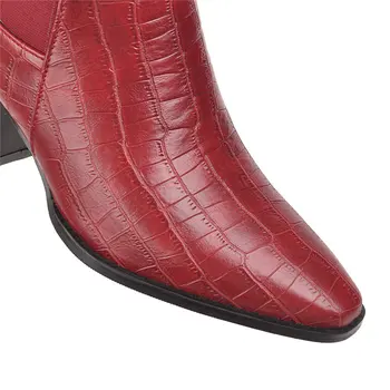 2020 Kvinder Chelsea Støvler Rød Hvid Sort Imiteret Krokodille Læder af Høj Blok Hæl Firkantet Tå Vinter Plys Dame Slip-on Ankel Støvler