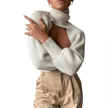 Kvindelige Sweater Solid Farve, Høj Krave Lange Puff Ærmer Strik Pullover til Kvinder, super kort afgrøde toppe matchet med tøj