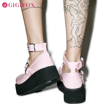 2021 Helt Nye Plus Size 43 Sød Gotisk Stil Piger Pink Sort Hjerte Dekoration Mary Janes Lejligheder Platform Sko Kvinder