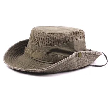 Mænd Bomuld Broderi Hat Udendørs solbeskyttelse Wide Brim Sammenklappelig Boonie Bucket Hat H7JP