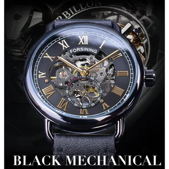 Forsining Black Golden Clock Sekunder Hænder Uafhængige Design Mekanisk Hånd Vind Ure til Mænd Top Mærke vandafvisende