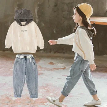 Foråret 2020 Børn Piger Tøj Sæt Hætte Sweatshirt & Loose Jeans Bukser 10 12 Y 2stk Passer Teenage Træningsdragter Børn Tøj