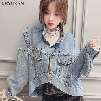 2020 Spring Nye Kvinder Blå Uregelmæssige Perlebesat Slim Denim Jakker Koreansk Mode Streetwear Jeans Pels Efteråret Tøj L3559