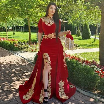 Eightale Marokko Kaftan Aften Kjole med Aftageligt Skørt To Stykker Røde Havfrue Høj Hals Velvet Prom Kjole arabisk Part Kjole
