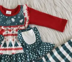 Nye Christmas Girl Outfit Lomme juletræ Hjorte Grøn Stribet Polka Dot Girl ' s bell-bund bukser Boutique-2 delt Sæt