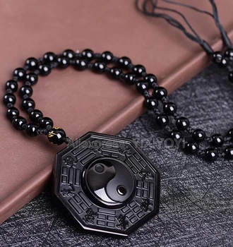 Naturlig Sort Obsidian Skåret Kinesere Står BaGua Heldig Amulet Vedhæng + Gratis Halskæde Mode Krystal Mode Smykker