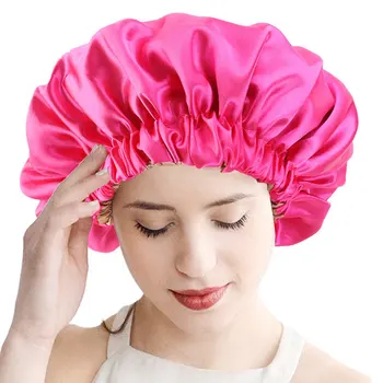 Nye Sort Kvinder Stor Størrelse Skønhed Dobbelt lag Satin Silke Bonnet Sleep Night Cap Head Cover Bonnet Hat til For Curly Spændstig Hår