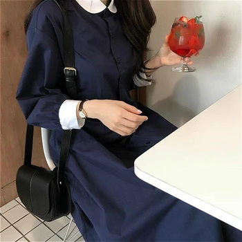 Langærmet Kjole Kvinder Peter-pan-Collar Patchwork Preppy-stil Lace-up A-linje Elegante Harajuku Dame Teens Smarte Nye Vestidos