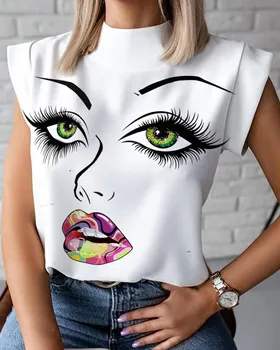 Kvinder Elegante Læber Print Bluse Shirts 2020 Sommeren Afslappet Stå Hals Trøjer Toppe Damer Mode Sød Øje Korte Ærmer Blusa